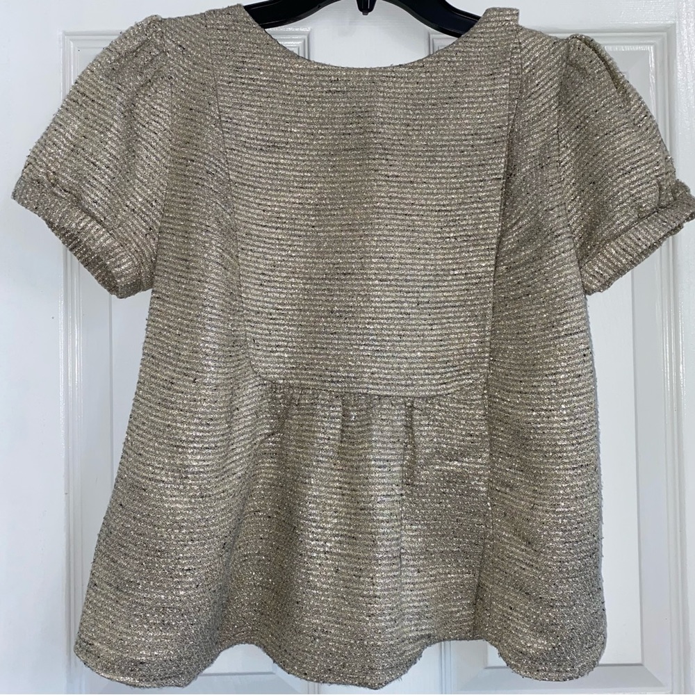 LOEFFLER RANDALL Tan Silver Metallic Puff Short Sleeve Snap Blouse - Picture 4 of 13